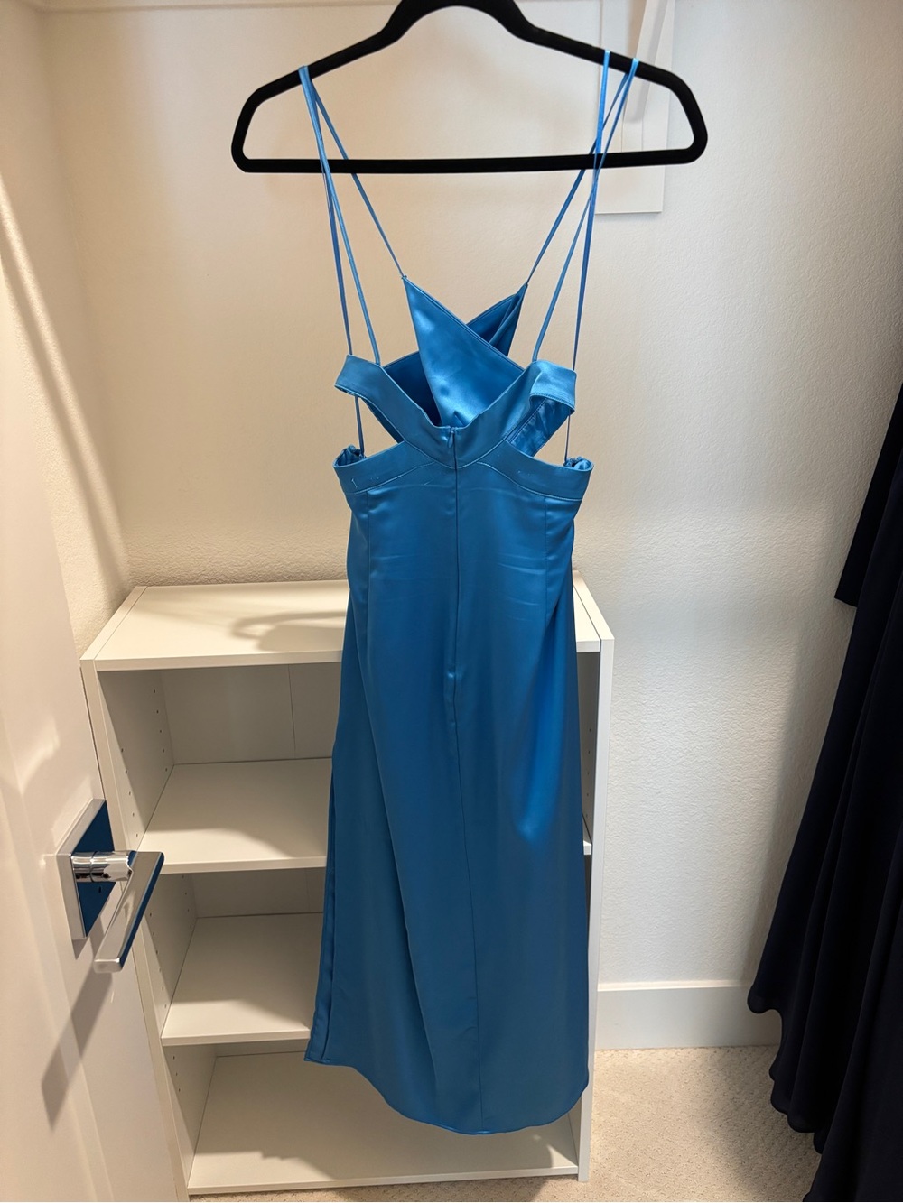 Zara Sky Blue Satin Midi Dress with Spaghetti Straps